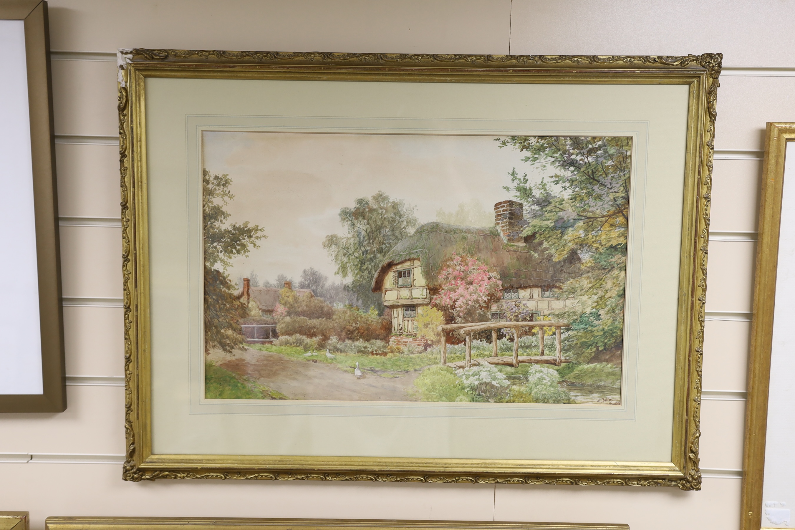 Manner of Sylvester Stannard, watercolour, Thatched cottages 'At Belton, Sussex’, 33 x 52cm